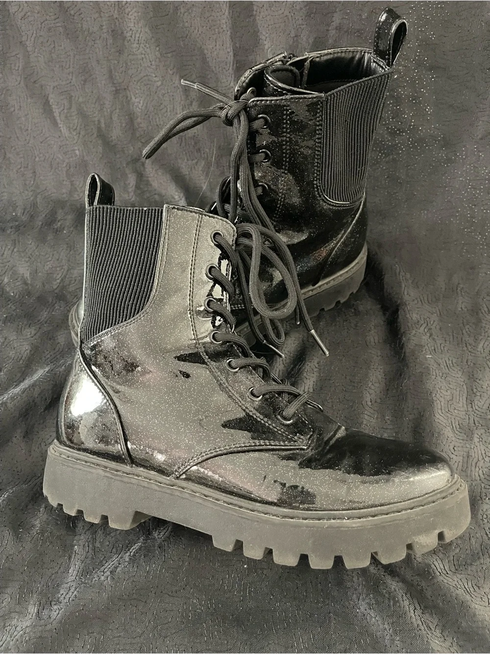 art class Black Glitter Patent Lace-Up Combat Boots with Lug Sole